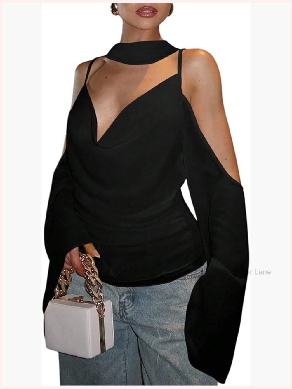 Elegant Cowl Neck Blouse Top Long Sleeve with Scarf